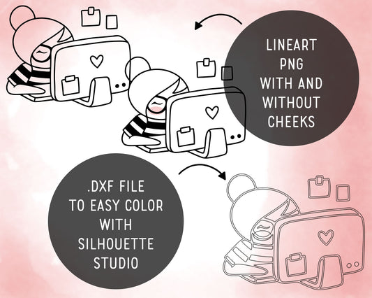 Line art of a character with a phone and suitcase on a pink background, featuring text about file types.