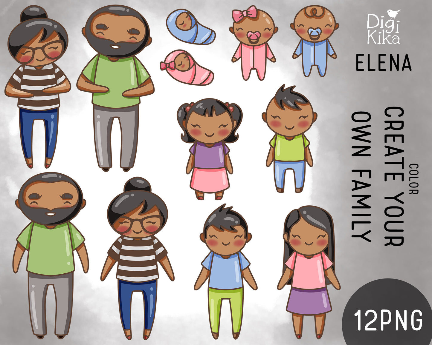 Make Your Own Family Set 1 Black Hair Dark Skin Clipart | Elena Father Baby Kids | PNG | Color