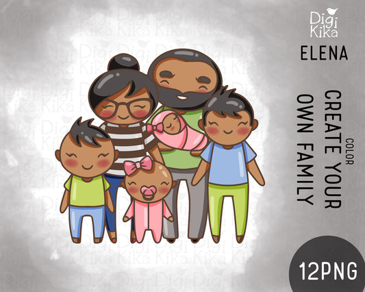 Make Your Own Family Set 1 Black Hair Dark Skin Clipart | Elena Father Baby Kids | PNG | Color