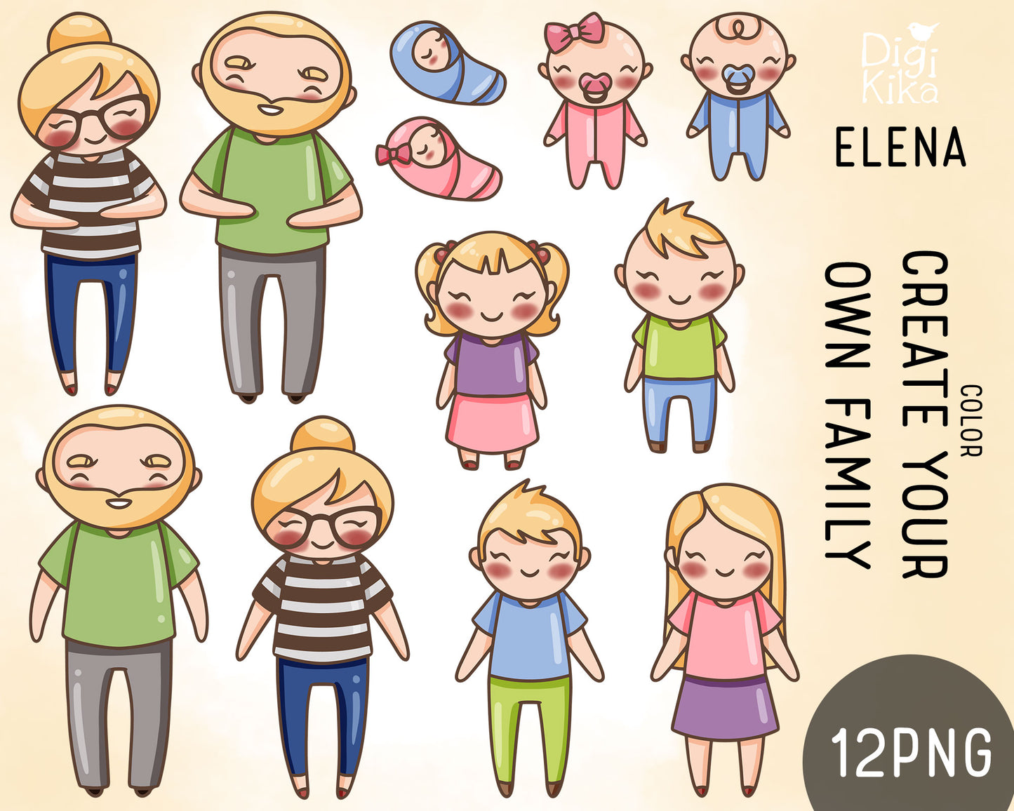 Make Your Own Family Set 1 Blond Hair Clipart | Elena Father Baby Kids | PNG | Color