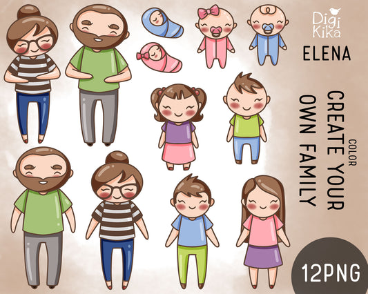 Make Your Own Family Set 1 Brown Hair Clipart | Elena Father Baby Kids | PNG | Color