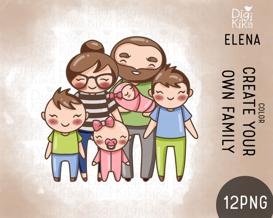Make Your Own Family Set 1 Brown Hair Clipart | Elena Father Baby Kids | PNG | Color