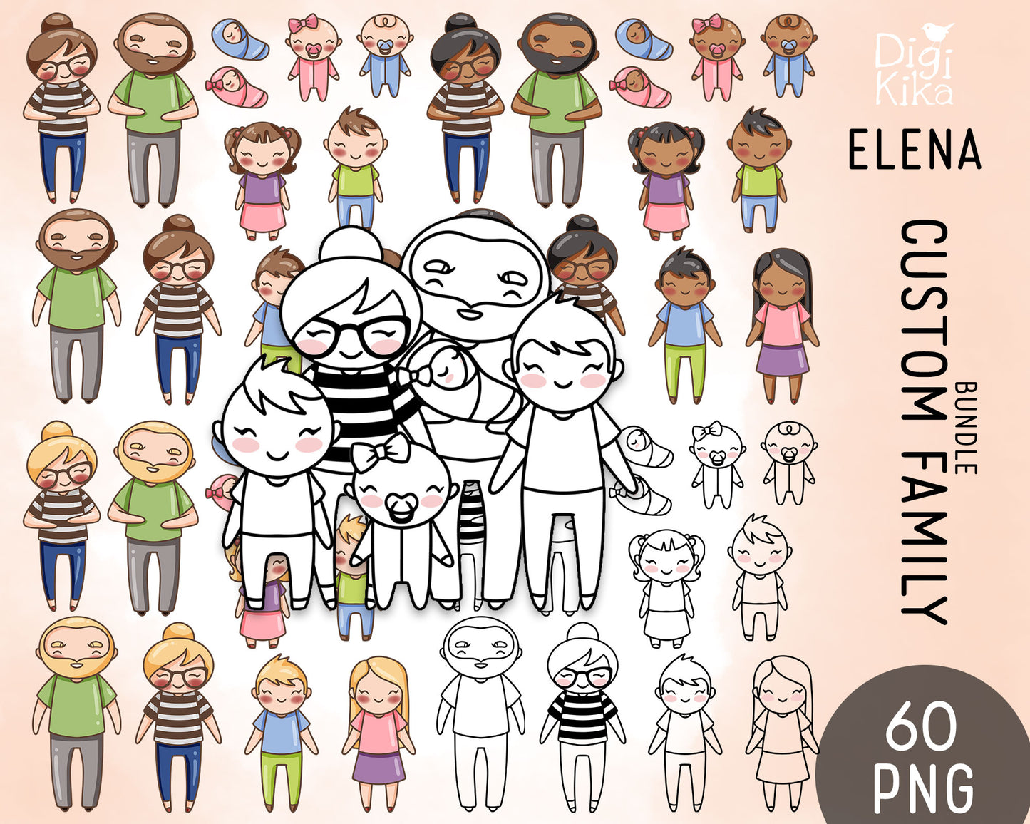Make Your Own Family Set 1 Clipart Bundle | Doodle + Brown Black Blond | Transparent PNG