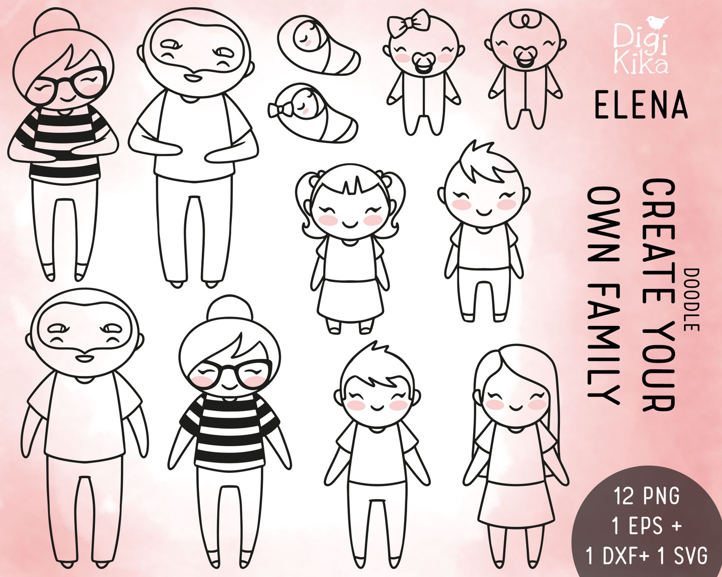 Make Your Own Family Set 1 Outline Clipart | Elena Father Baby Kids | EPS SVG DXF PNG
