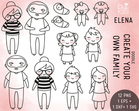 Make Your Own Family Set 1 Outline Clipart | Elena Father Baby Kids | EPS SVG DXF PNG