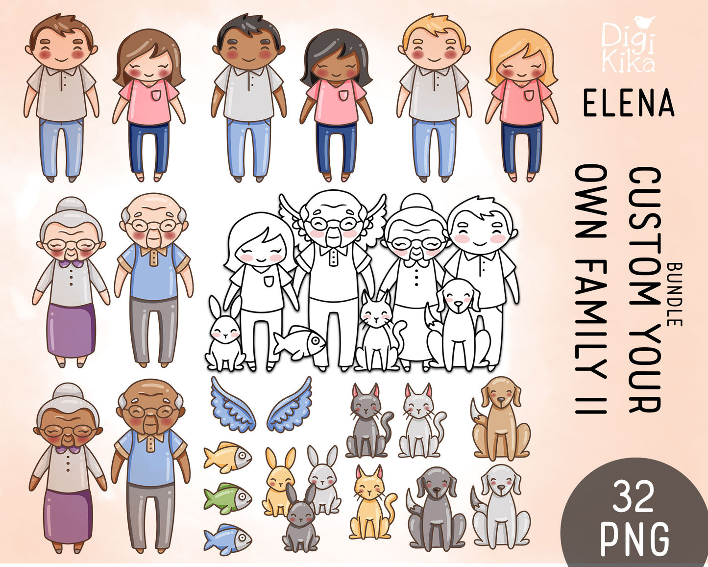 Make Your Own Family Set 2 Clipart Bundle | Doodle + Light Dark Skin | Transparent PNG