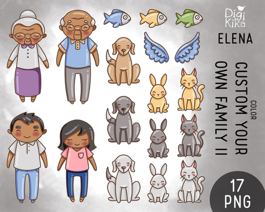 Make Your Own Family Set 2 Dark Skin Clipart | Grandparents Pets Teen | PNG | Color