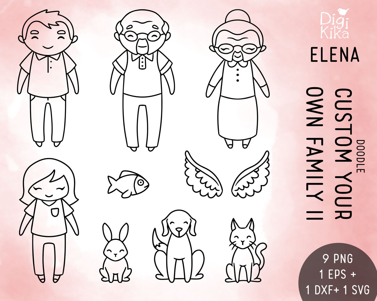 Make Your Own Family Set 2 Outline Clipart | Grandparents Pets Teen | EPS SVG DXF PNG