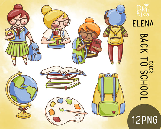 Elena Planner Girl – Back to School COLOR Clipart Set – Books, Backpack & Study –  Instant Download PNG