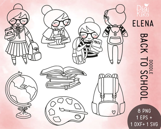 Elena Planner Girl – Back to School DOODLE Clipart Set – Books, Backpack & Study – PNG, SVG, EPS & DXF