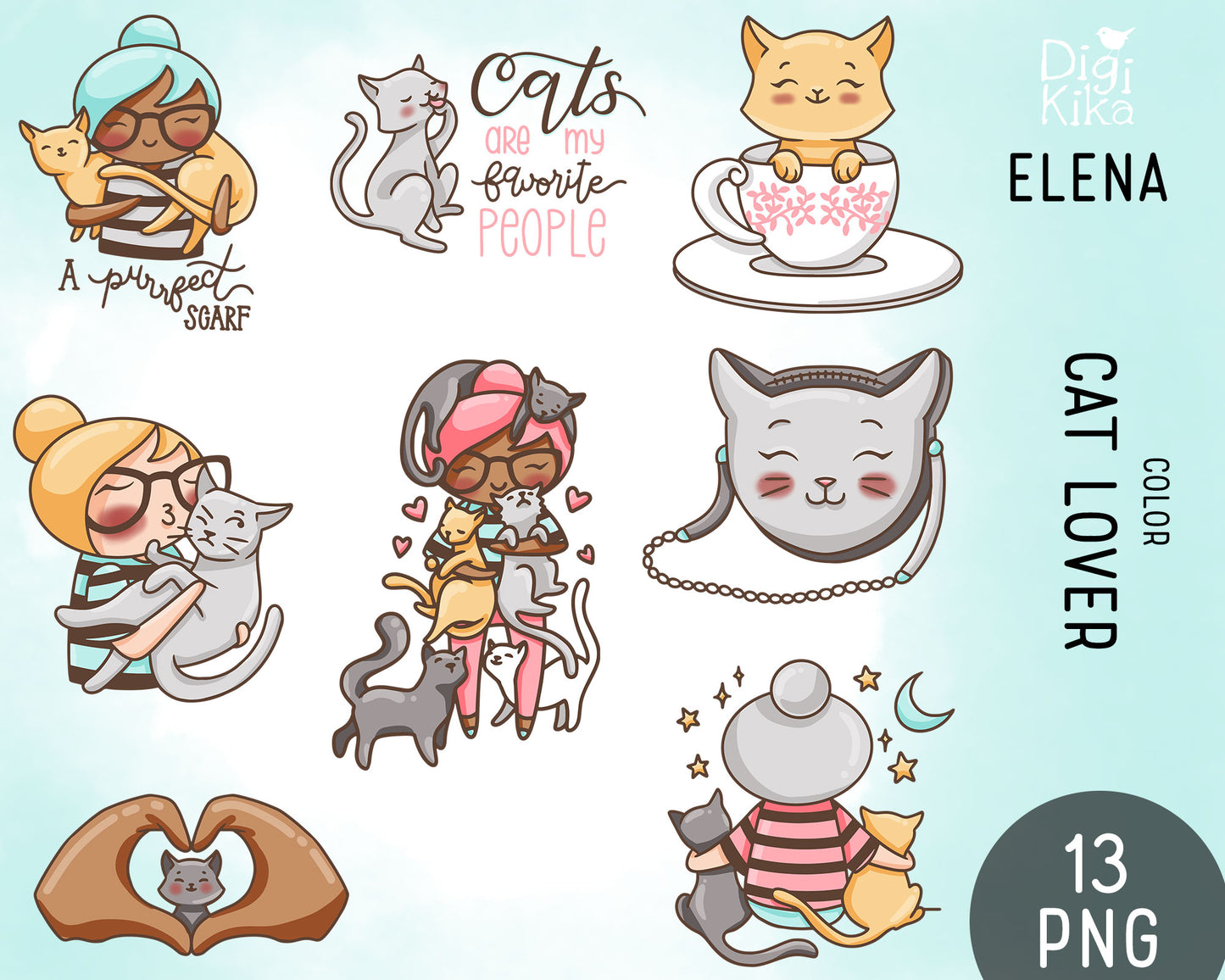 Elena Cat Lover Color Clipart | 2 Skin Tones Kitty Graphics | PNG | Commercial Use | Inclusive
