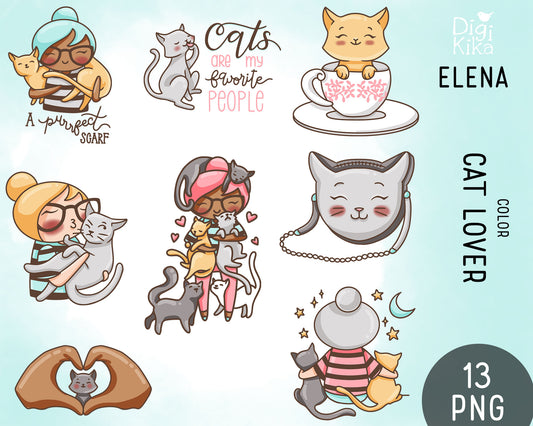 Elena Cat Lover Color Clipart | 2 Skin Tones Kitty Graphics | PNG | Commercial Use | Inclusive