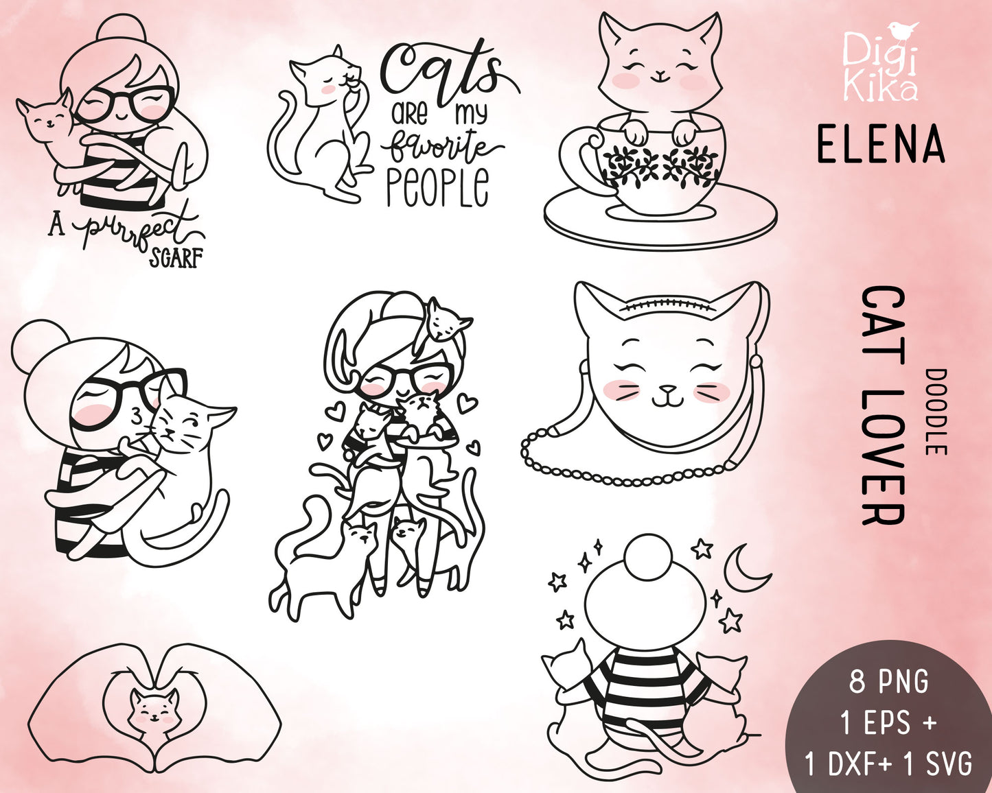 Elena Cat Lover Outline Clipart | Kitty Graphics | EPS SVG DXF PNG | Commercial Use