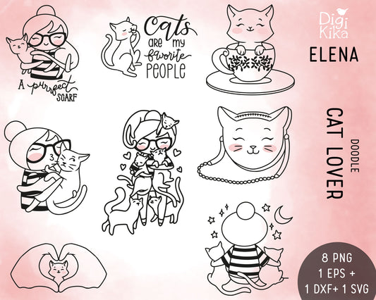 Elena Cat Lover Outline Clipart | Kitty Graphics | EPS SVG DXF PNG | Commercial Use