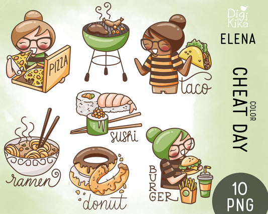 Elena Planner Girl – Cheat Day Color Clipart – Takeaway Food Theme – PNG Cute Doodle Graphics