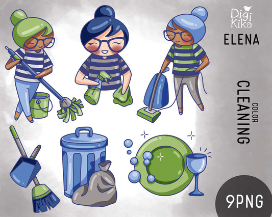 Cleaning Worm Elena Planner Girl - Color Clip Art Set