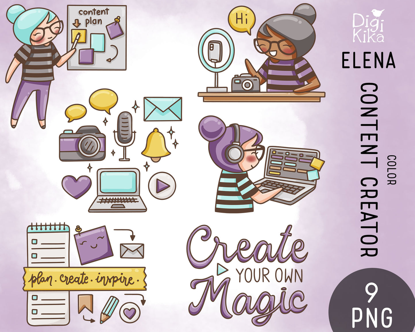 Elena Content Creator Color Clipart | 2 Skin Tones | PNG | Commercial Use | Inclusive