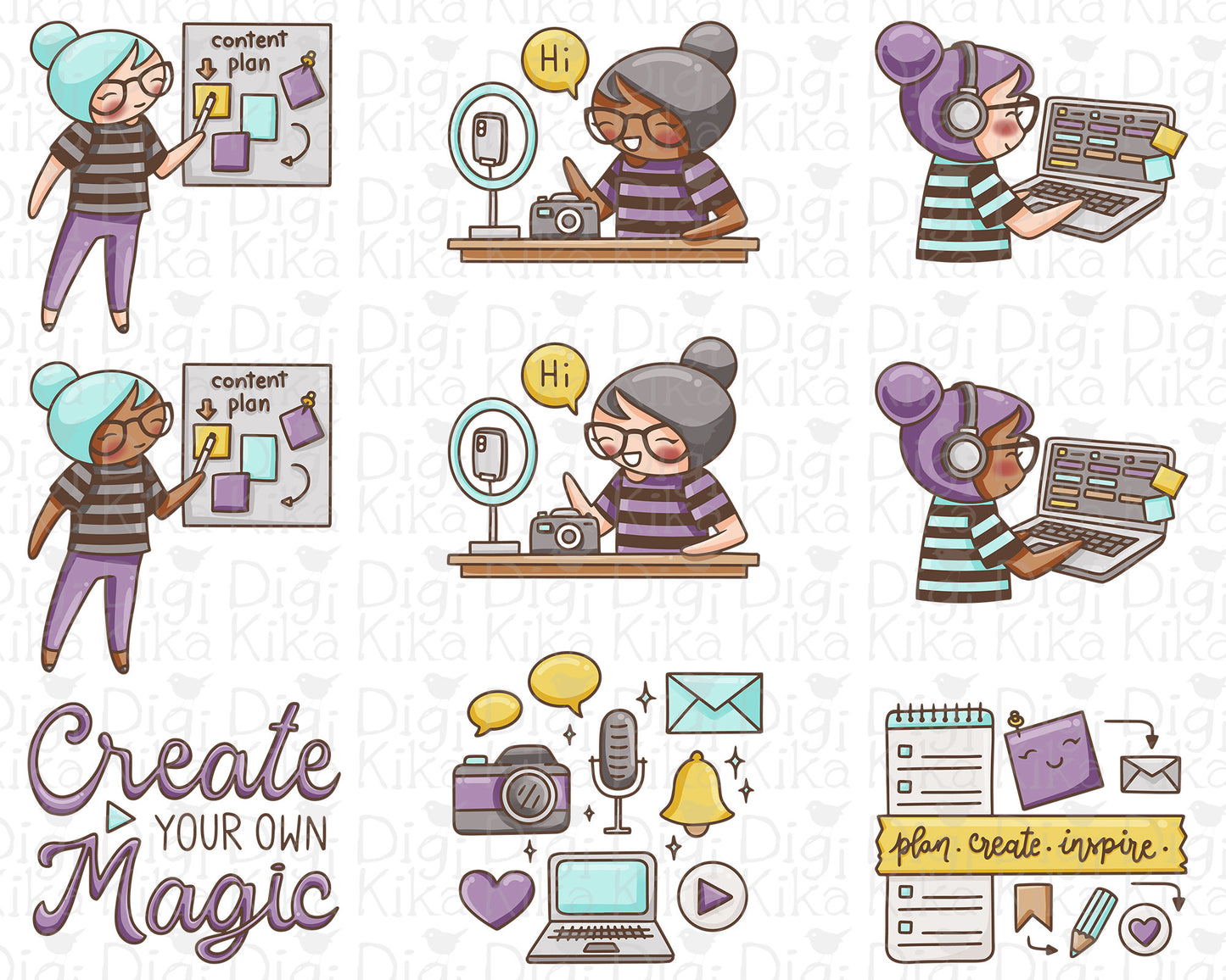Elena Content Creator Color Clipart | 2 Skin Tones | PNG | Commercial Use | Inclusive