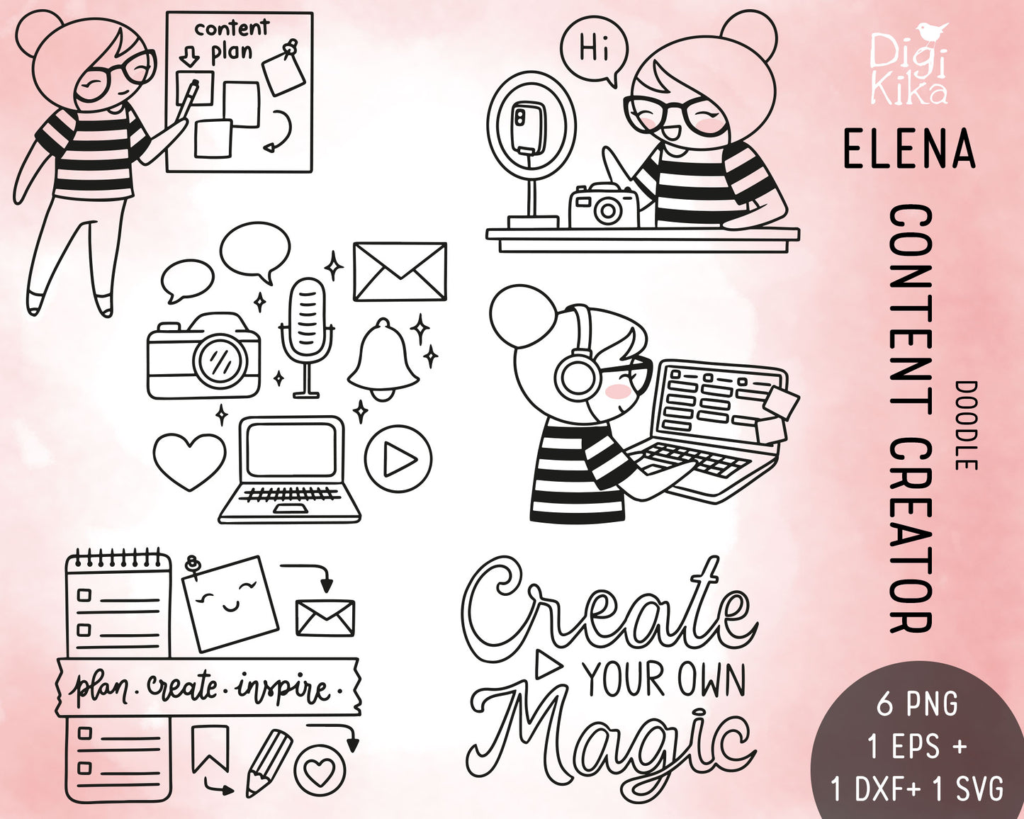 Elena Content Creator Outline Clipart | Creator Graphics | EPS SVG DXF PNG | Commercial Use