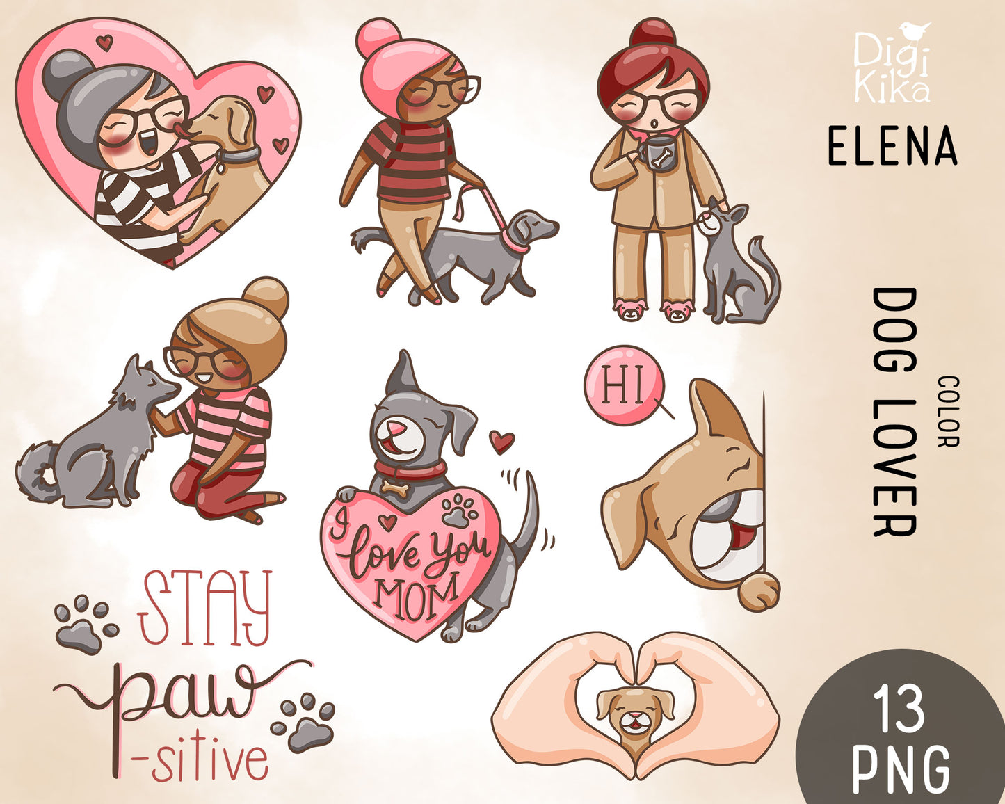 Elena Dog Lover Color Clipart | 2 Skin Tones Puppy Graphics | PNG | Commercial Use | Inclusive