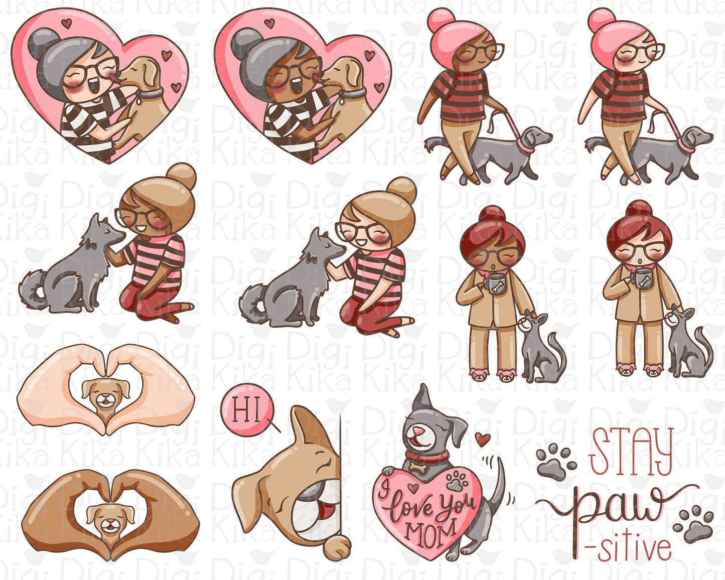 Elena Dog Lover Color Clipart | 2 Skin Tones Puppy Graphics | PNG | Commercial Use | Inclusive