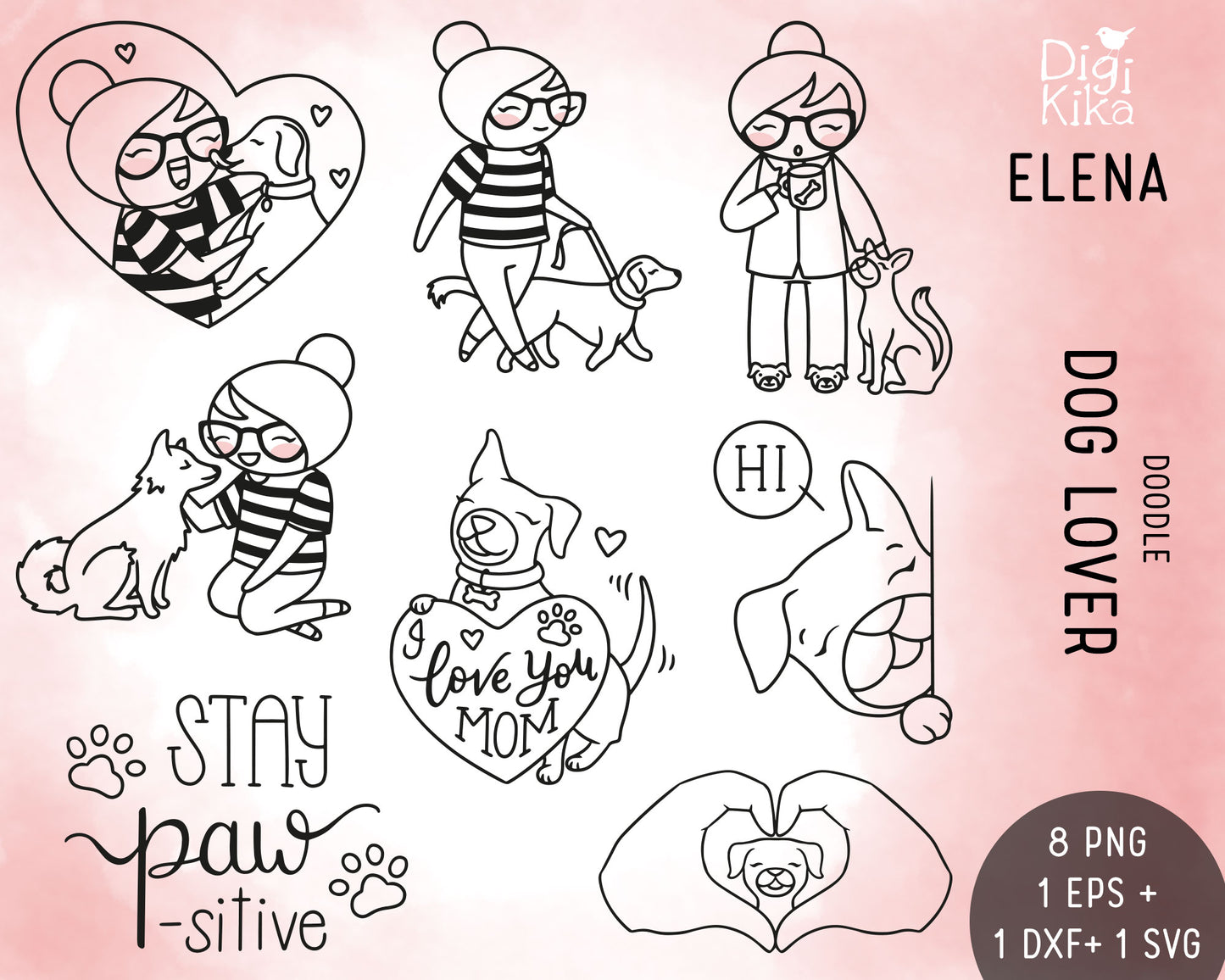Elena Dog Lover Outline Clipart | Puppy Graphics | EPS SVG DXF PNG | Commercial Use