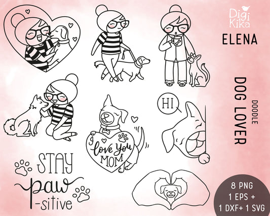 Elena Dog Lover Outline Clipart | Puppy Graphics | EPS SVG DXF PNG | Commercial Use