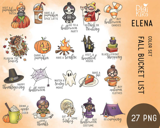 Elena Fall Bucket List Color Clipart | 27 Designs | PNG | 2 skin tones | Commercial Use