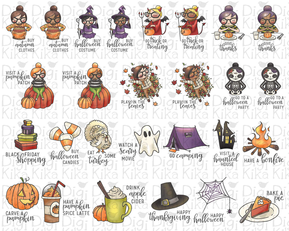Elena Fall Bucket List Color Clipart | 27 Designs | PNG | 2 skin tones | Commercial Use