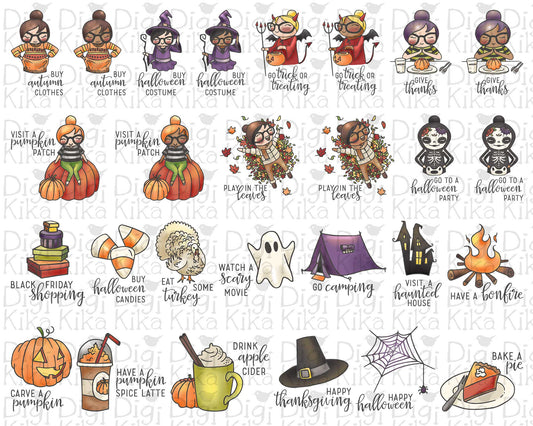Elena Fall Bucket List Color Clipart | 27 Designs | PNG | 2 skin tones | Commercial Use