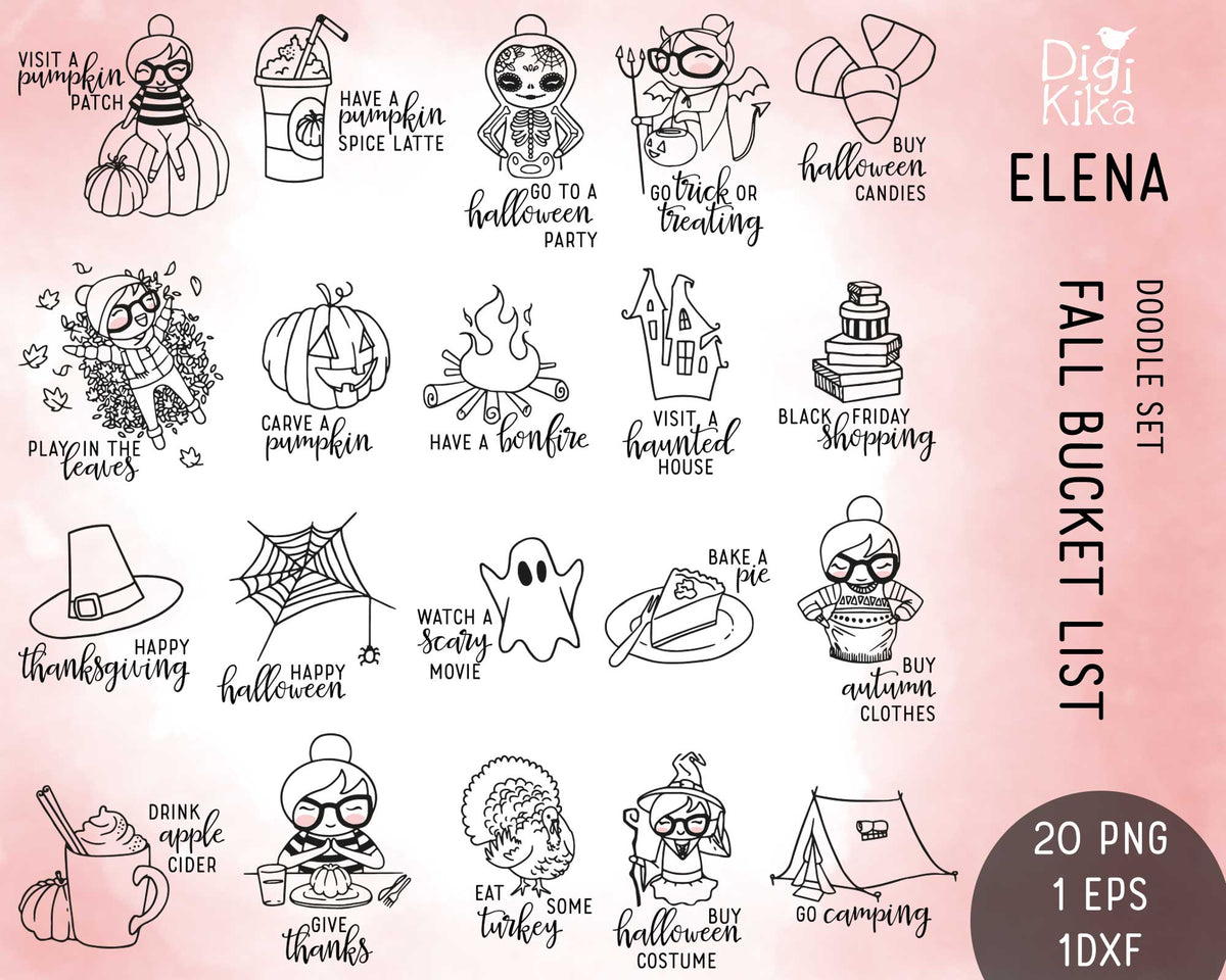 Elena Fall Bucket List Outline Clipart | 20 Designs | EPS SVG DXF PNG | Commercial Use