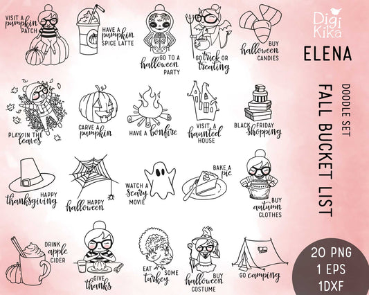 Elena Fall Bucket List Outline Clipart | 20 Designs | EPS SVG DXF PNG | Commercial Use