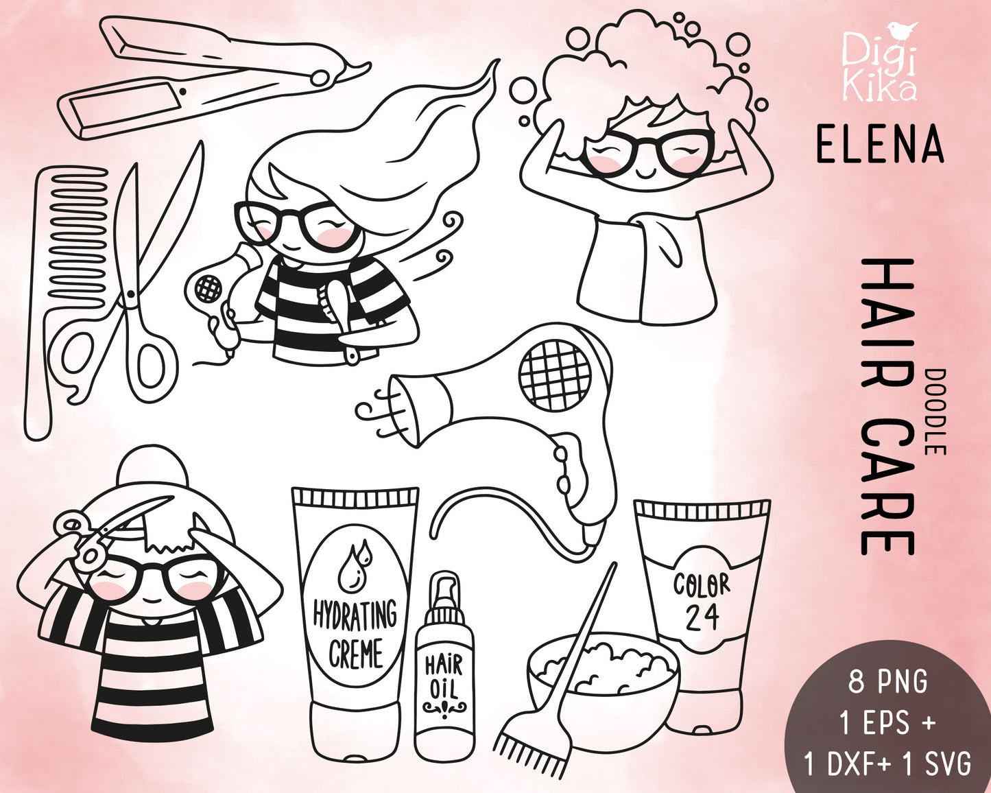Elena Hair Care – Doodle Stamp Clipart Set (EPS, SVG, DXF, PNG)