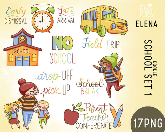 Elena Planner Girl – School Set 1 COLOR Clipart – No School, Field Trip, Early Dismissal & More – Instant Download PNG