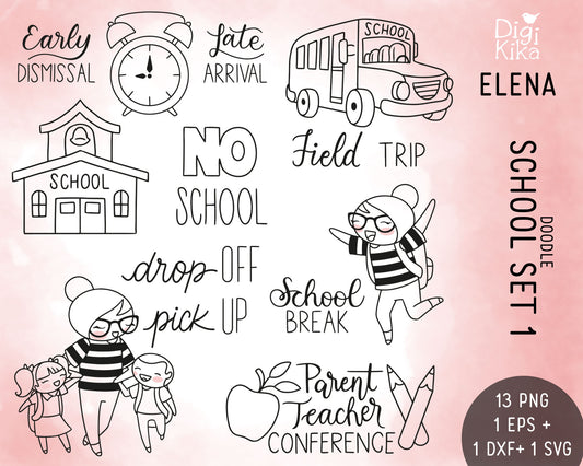 Elena Planner Girl – School Set 1 DOODLE Clipart – No School, Field Trip, Early Dismissal & More – PNG, SVG, EPS & DXF