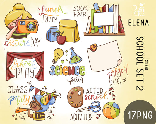 Elena Planner Girl – School Set 2 COLOR Clipart – Picture Day, Book Fair, Science Fair & More –  Instant Download PNG