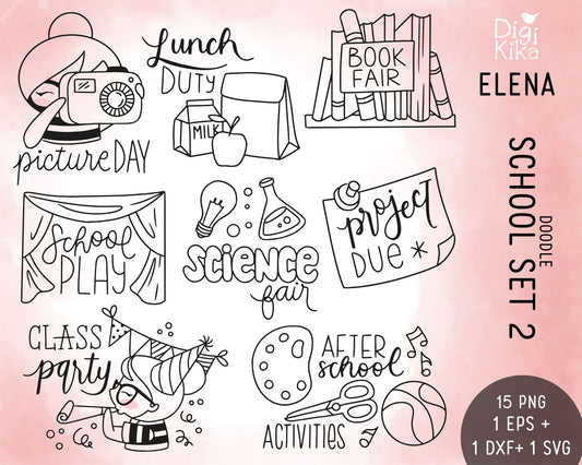 Elena Planner Girl – School Set 2 DOODLE Clipart – Picture Day, Book Fair, Science Fair & More – PNG, SVG, EPS & DXF