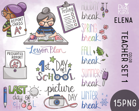 Elena Planner Girl – Teachers Set 1 – COLOR Clipart – School Life Events –  Instant Download PNG