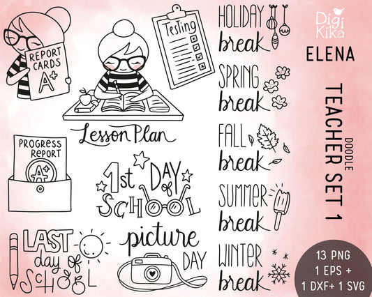 Elena Planner Girl – Teachers Set 1 – DOODLE Clipart – School Life Events – PNG, SVG, EPS & DXF