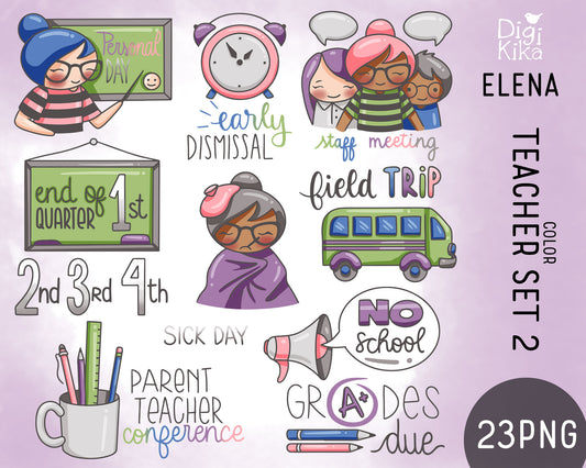 Elena Planner Girl – Teachers Set 2 – COLOR Clipart – Staff Meeting, Sick Day, Field Trip & More –  Instant Download PNG