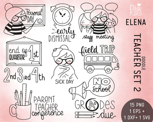 Elena Planner Girl – Teachers Set 2 – DOODLE Clipart – Staff Meeting, Sick Day, Field Trip & More – PNG, SVG, EPS & DXF