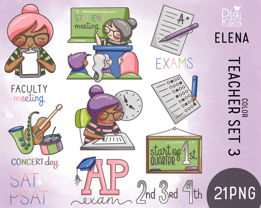 Elena Planner Girl – Teachers Set 3 – COLOR Clipart – Exams, Meetings, Concert Day – Instant Download PNG