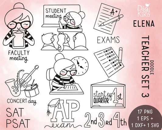 Elena Planner Girl – Teachers Set 3 – DOODLE Clipart – Exams, Meetings, Concert Day – PNG, SVG, EPS & DXF