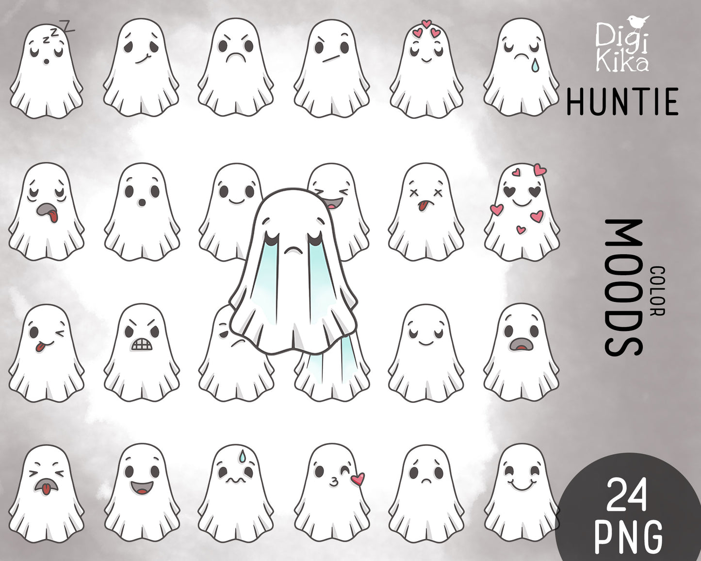 Hauntie Ghost 24 Moods Color Clipart | Cute Spooky Emotions | PNG | Commercial Use