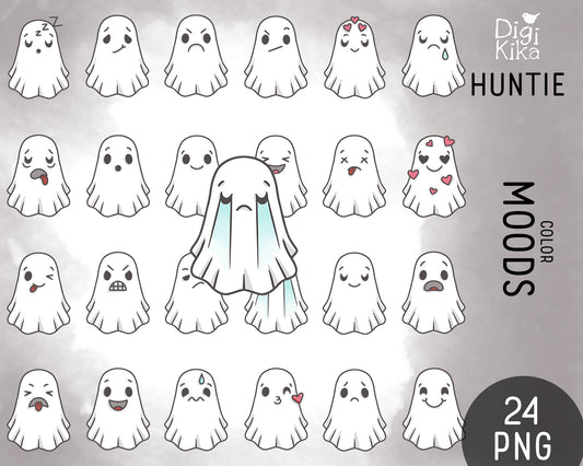 Hauntie Ghost 24 Moods Color Clipart | Cute Spooky Emotions | PNG | Commercial Use