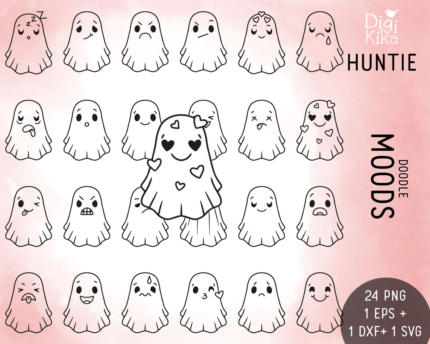 Hauntie Ghost 24 Moods Outline Clipart | Cute Spooky Emotions | EPS SVG DXF PNG | Commercial Use