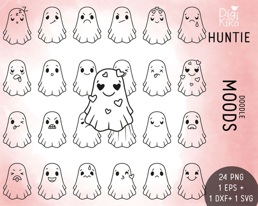 Hauntie Ghost 24 Moods Outline Clipart | Cute Spooky Emotions | EPS SVG DXF PNG | Commercial Use
