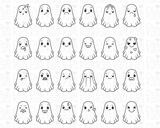 Hauntie Ghost 24 Moods Outline Clipart | Cute Spooky Emotions | EPS SVG DXF PNG | Commercial Use