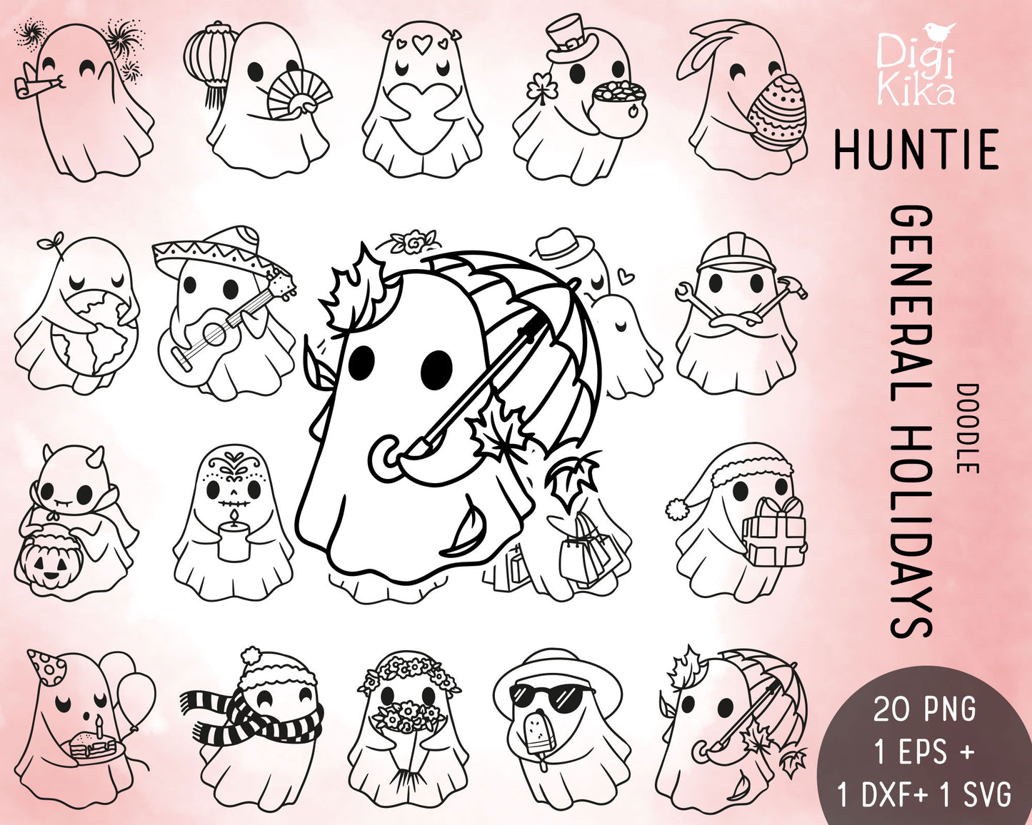 Hauntie Ghost Holidays Outline Clipart | Cute Spooky Graphics | EPS SVG DXF PNG | Commercial Use
