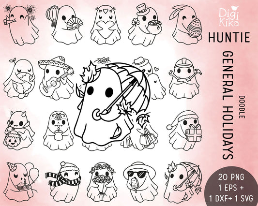 Hauntie Ghost Holidays Outline Clipart | Cute Spooky Graphics | EPS SVG DXF PNG | Commercial Use